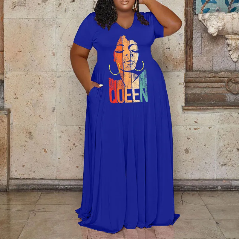 Letter Print Short Sleeve Loose Maxi Dress