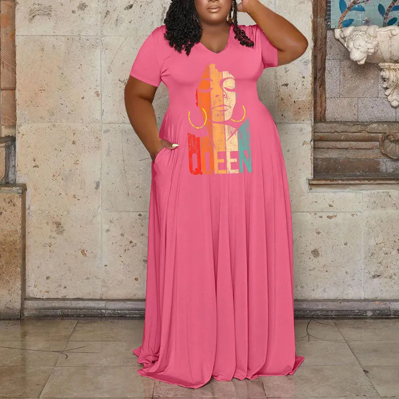 Letter Print Short Sleeve Loose Maxi Dress
