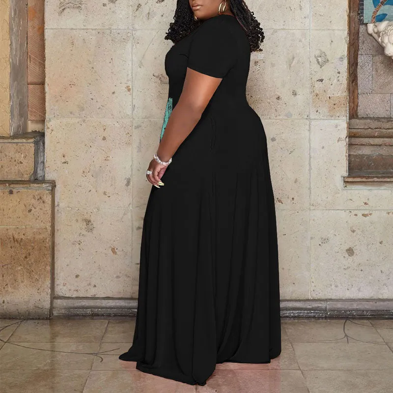 Letter Print Short Sleeve Loose Maxi Dress