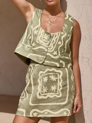 Loose Sleeveless Buttoned Pockets Printed Split-Joint Square-Neck Vest Top   Skirts Bottom Two Pieces Set