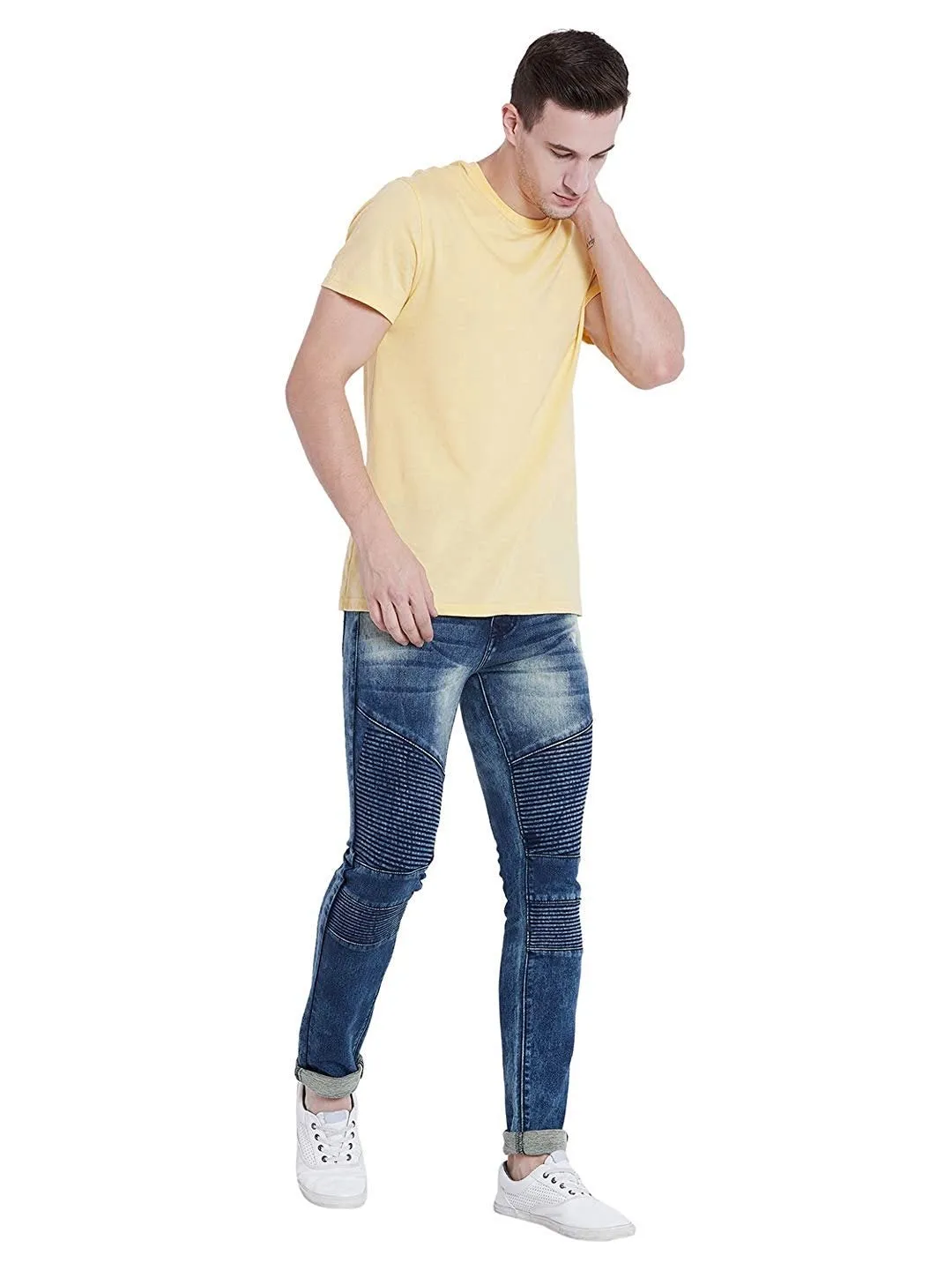 Men Slim Fit Stretchable Mid Rise Blue Washed Jeans