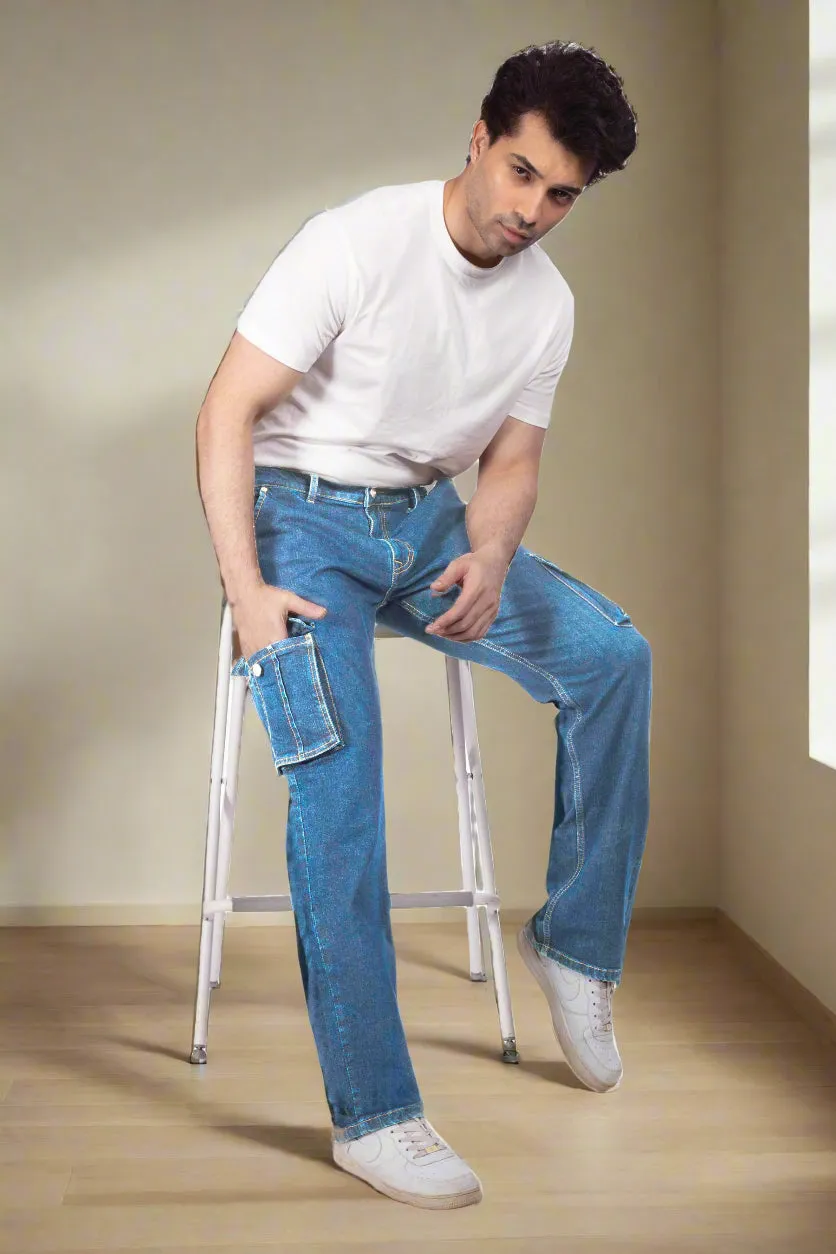 Mid Blue Straight Fit Cargo