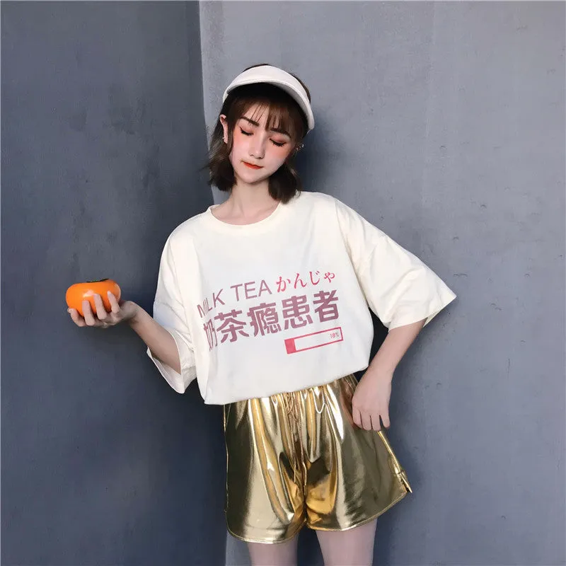 Milk Tea Addiction Patient Print T-shirt Loose Wild Slimming Girlfriends Shirt