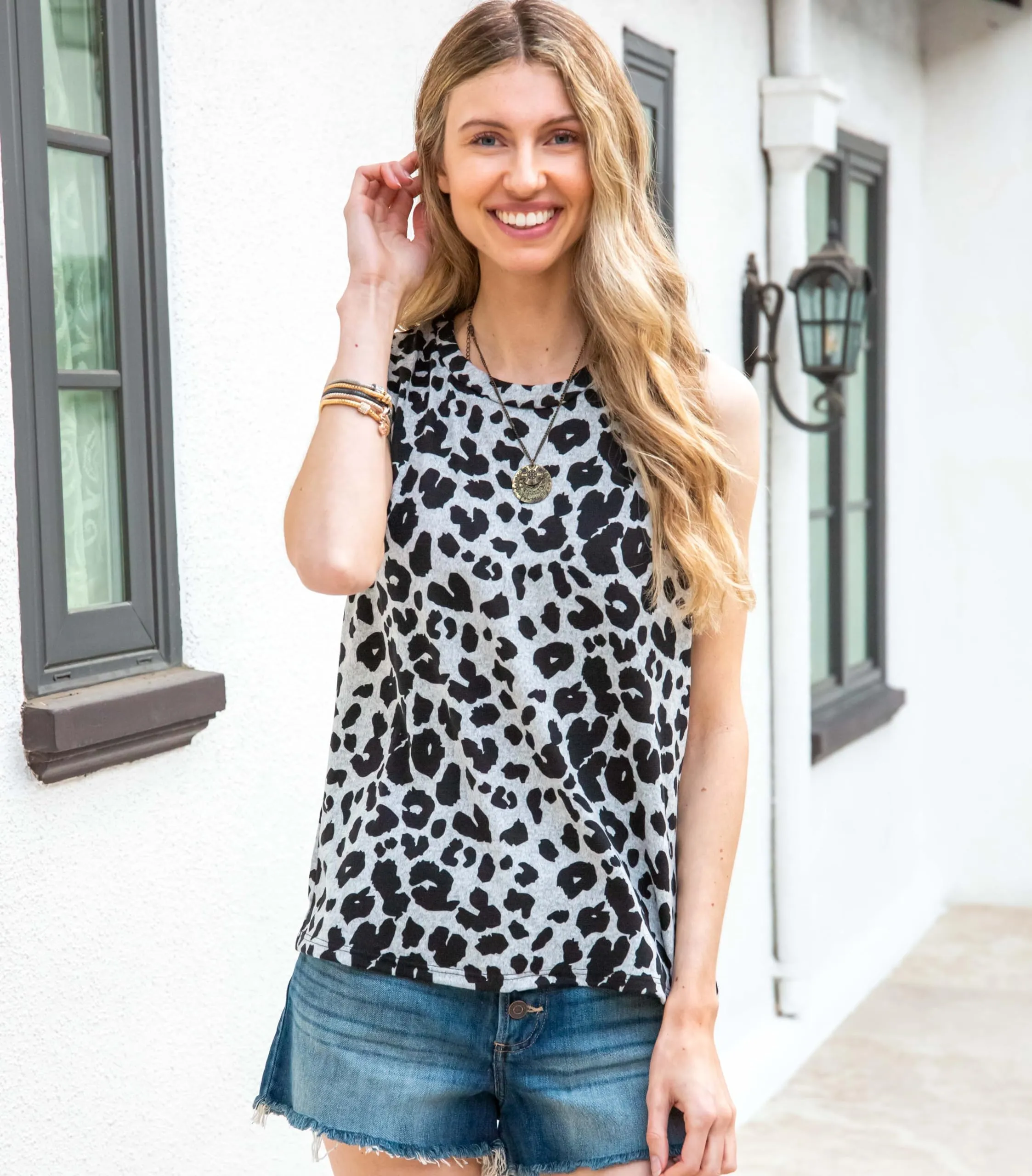 MINT PLUS PINK Women's Summer Loose Tank Sleeveless Animal Print Pattern Crew Neck Tunic Blouse Camisole Top_