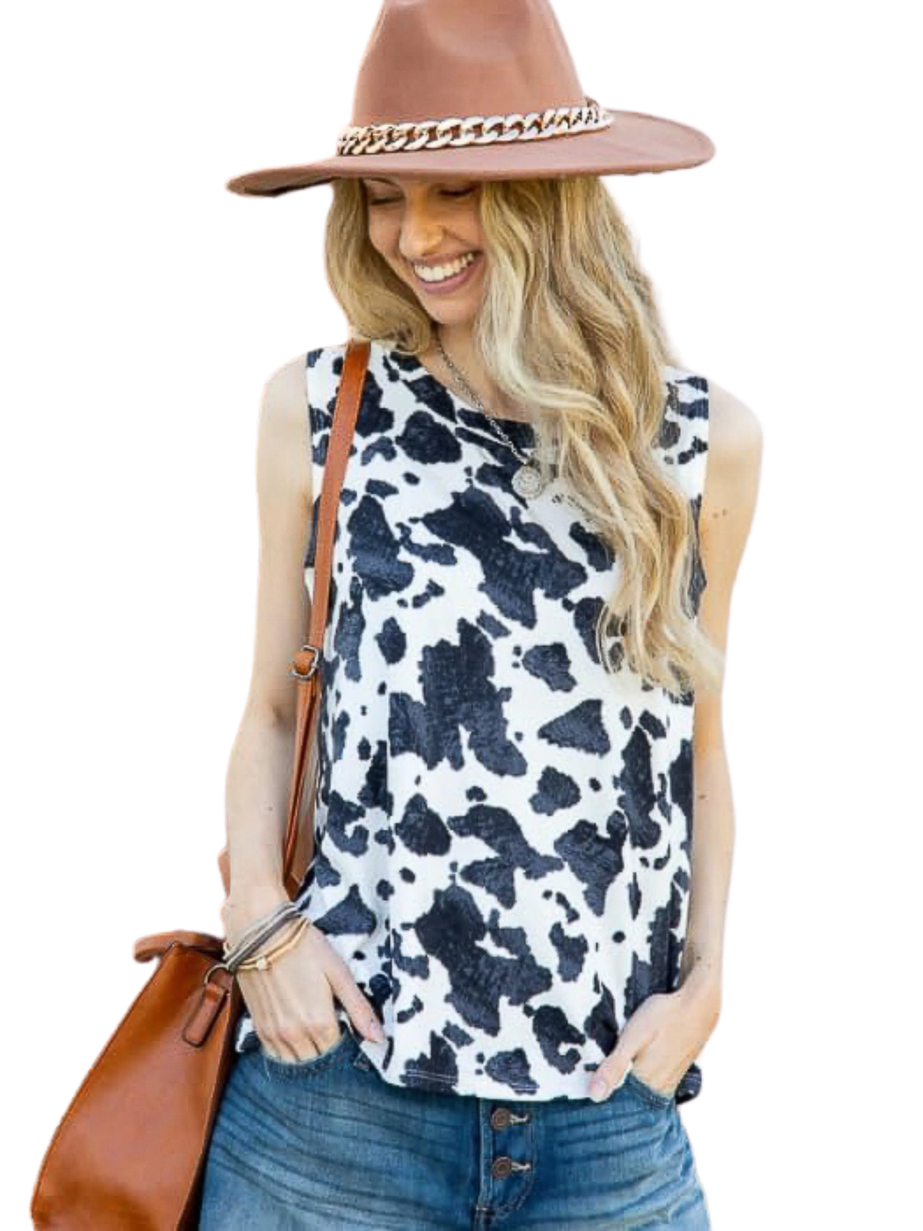 MINT PLUS PINK Women's Summer Loose Tank Sleeveless Animal Print Pattern Crew Neck Tunic Blouse Camisole Top_