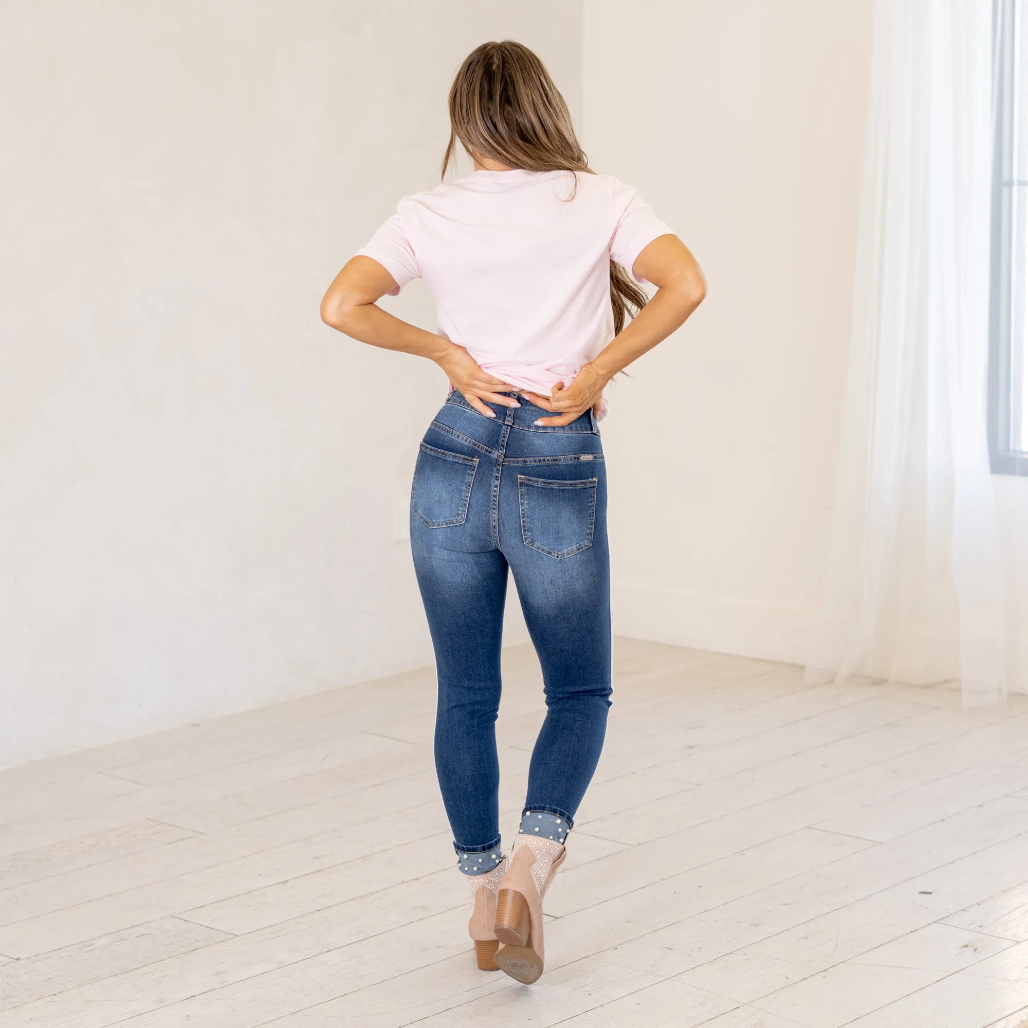 Monique Pearl Cuffed Mid Rise Cropped Skinny