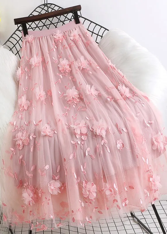 Natural Pink Embroideried Floral Skirts Spring