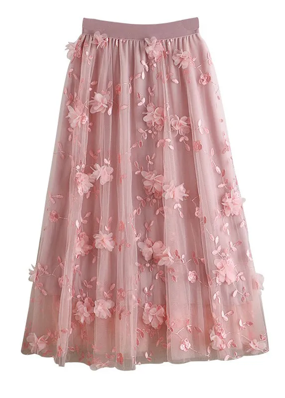 Natural Pink Embroideried Floral Skirts Spring