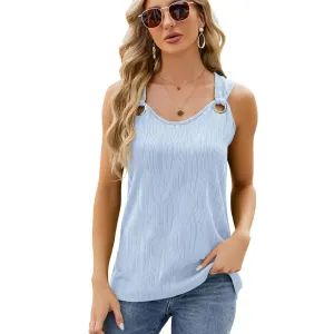 New Solid Color Round Neck sleeveless top Vest Metal Ring Loose Top