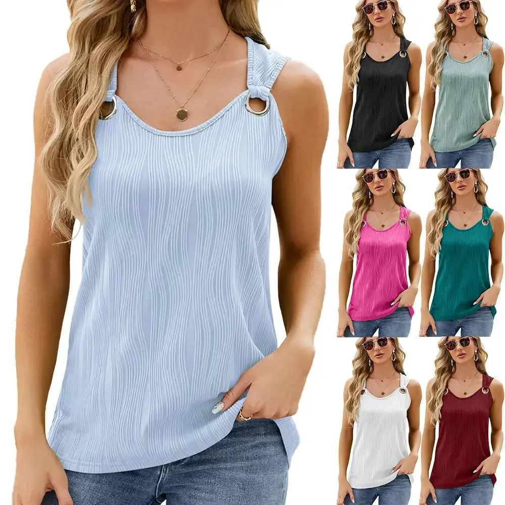 New Solid Color Round Neck sleeveless top Vest Metal Ring Loose Top