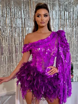 One Shoulder Long Sleeve Feather Mini Bodycon Dress HT862