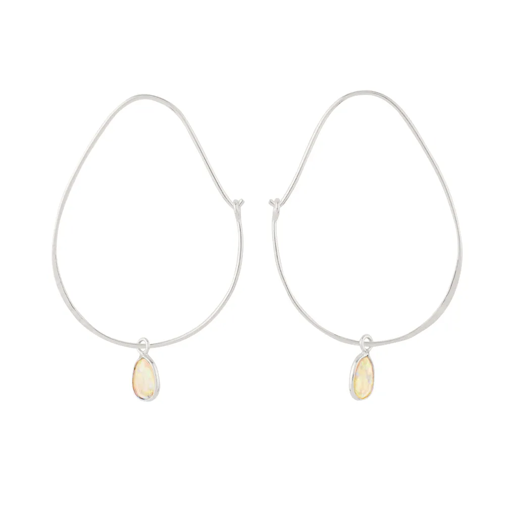 Oval Opal Hoops in Silver - 2 1/8" L