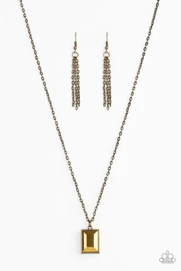 Paparazzi " Pro Edge " Brass Metal Emerald Cut Aurum Gem Rhinestone Necklace Set