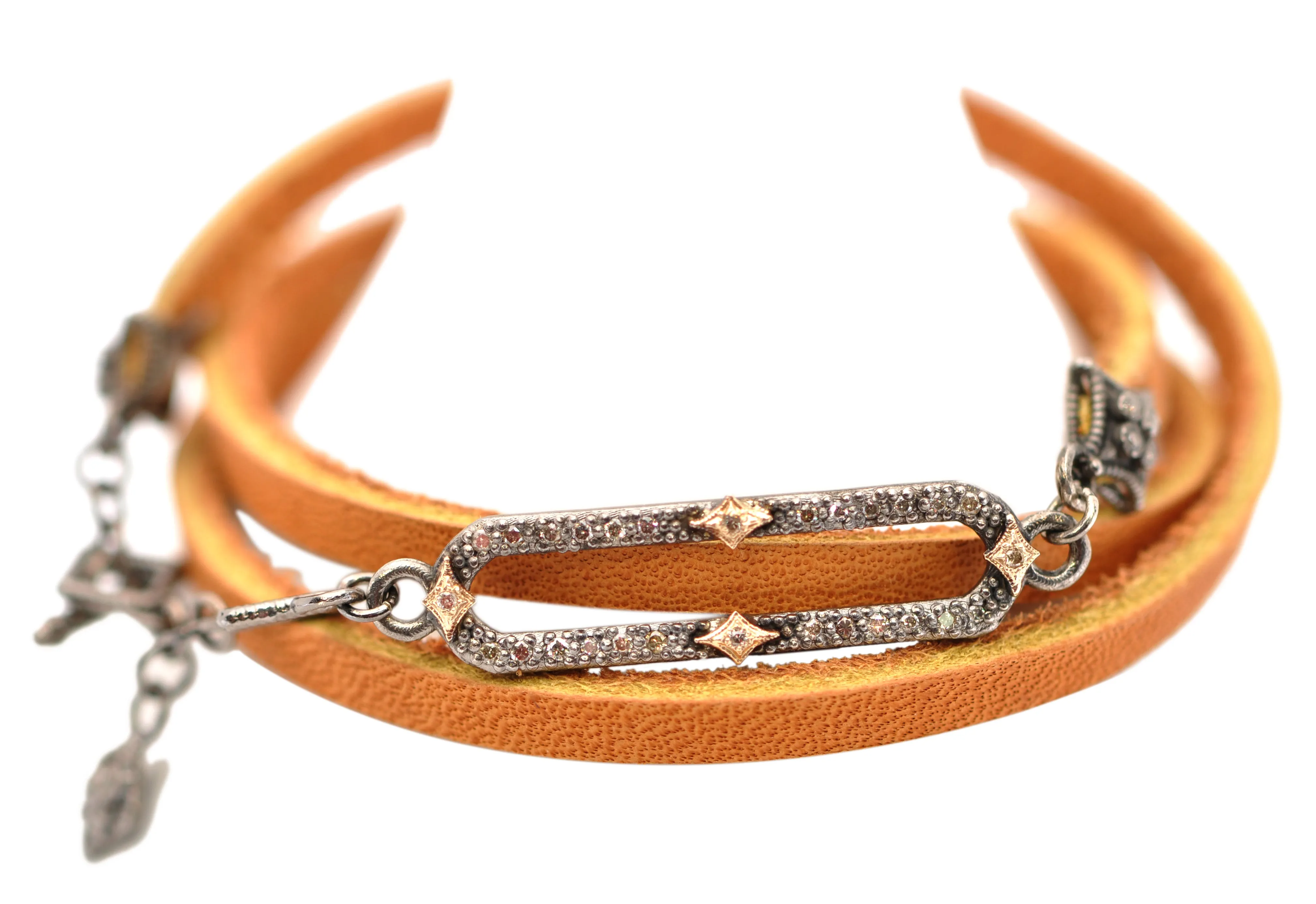 PAVE PAPERCLIP TRIPLE BROWN LEATHER WRAP BRACELET