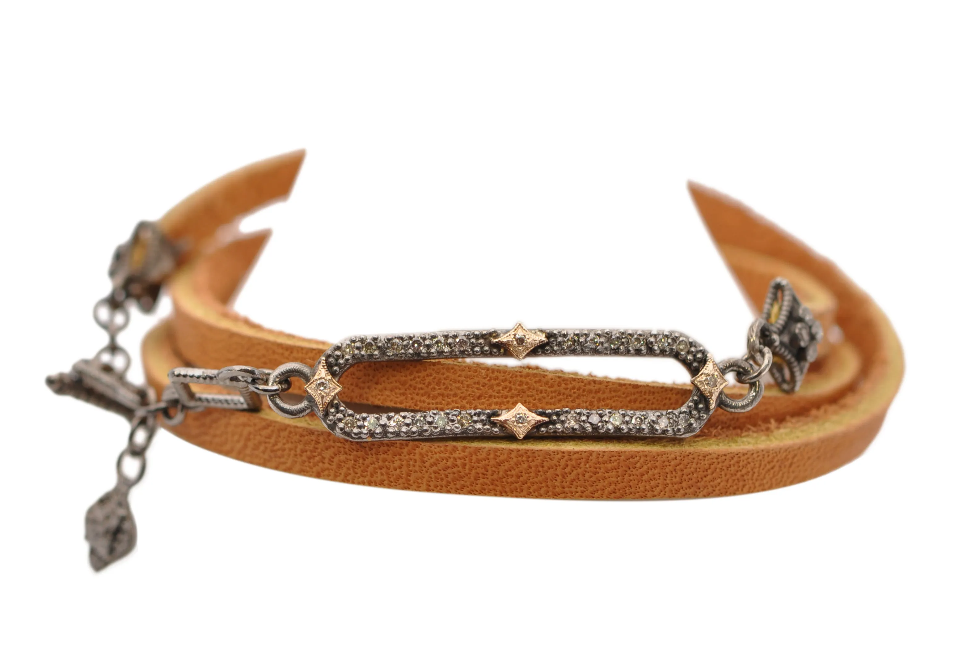 PAVE PAPERCLIP TRIPLE BROWN LEATHER WRAP BRACELET