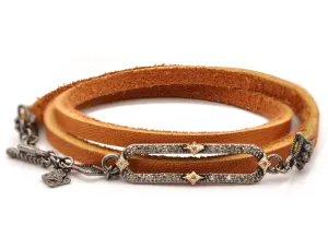 PAVE PAPERCLIP TRIPLE BROWN LEATHER WRAP BRACELET