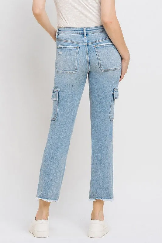 "Luna" Mid Rise Slim Straight Cargo Jeans