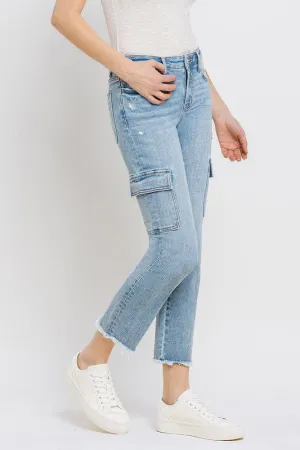 "Luna" Mid Rise Slim Straight Cargo Jeans