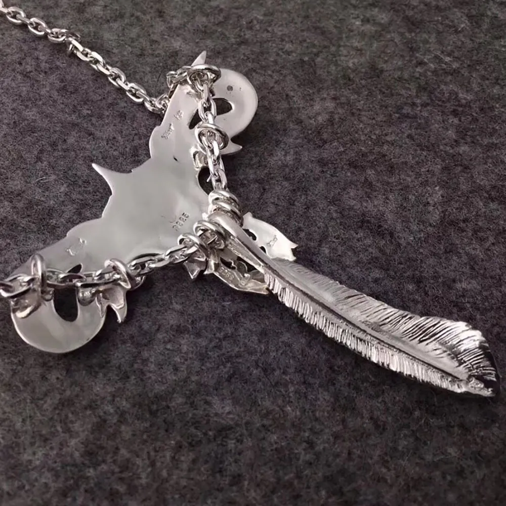 Real Solid 925 Sterling Silver Necklace Pendant Feather Cross Gothic Punk Hip Hop Jewelry 22"-30"