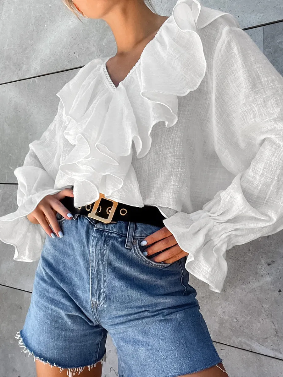 Romantic Lace Trim V-Neck Ruffled Linen Blouse
