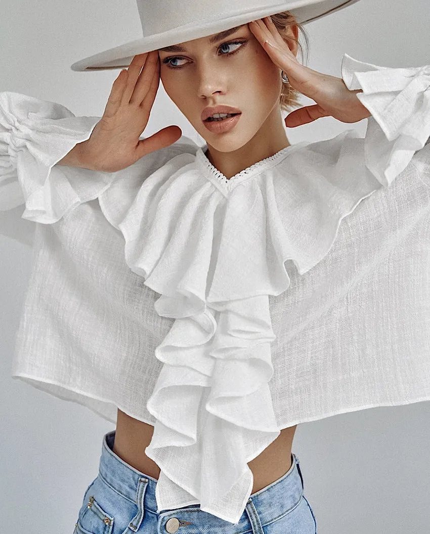 Romantic Lace Trim V-Neck Ruffled Linen Blouse
