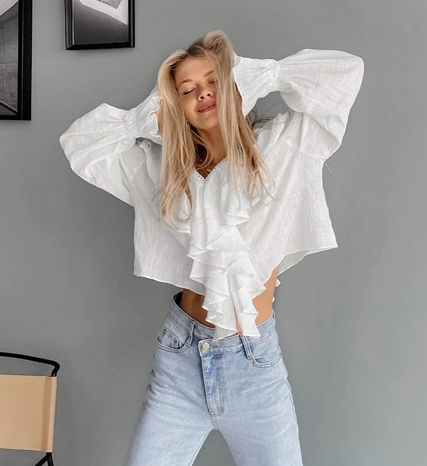 Romantic Lace Trim V-Neck Ruffled Linen Blouse