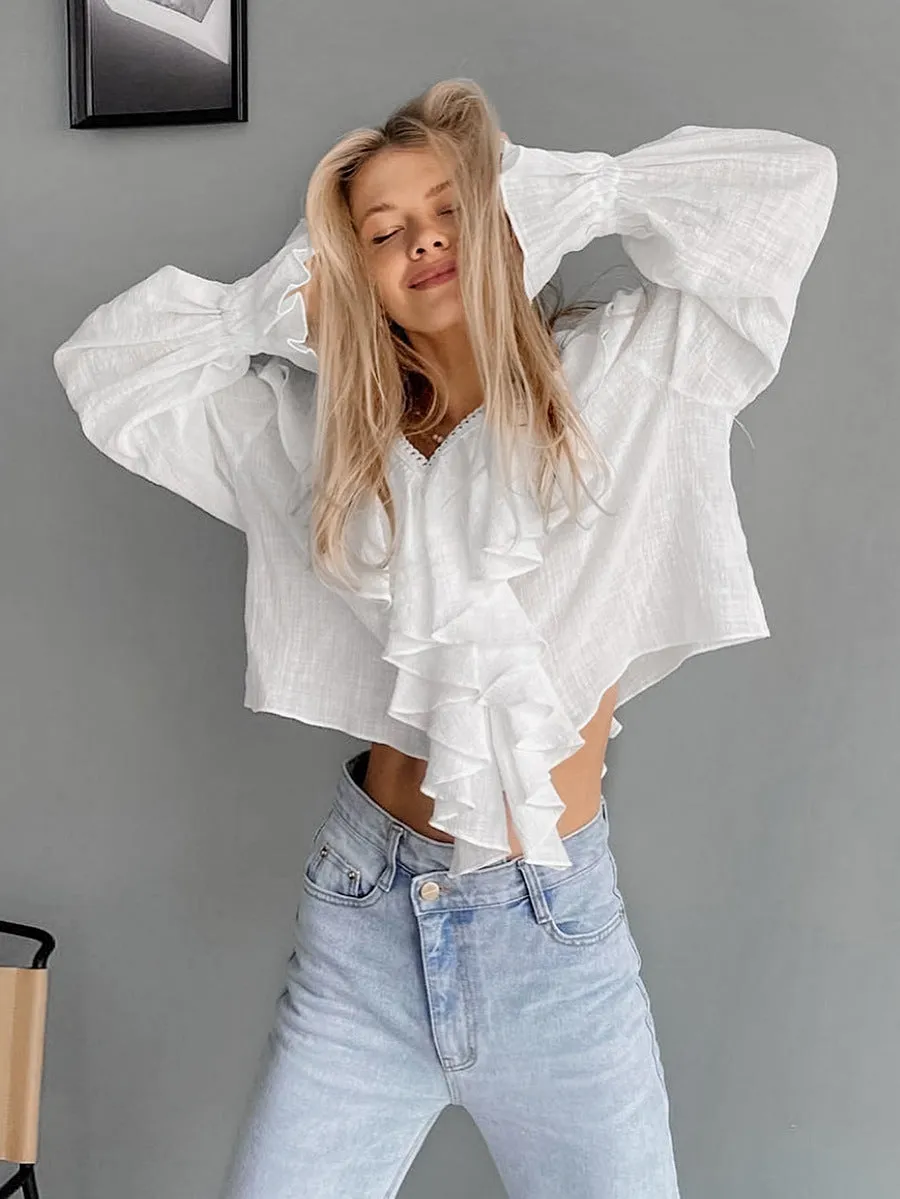 Romantic Lace Trim V-Neck Ruffled Linen Blouse