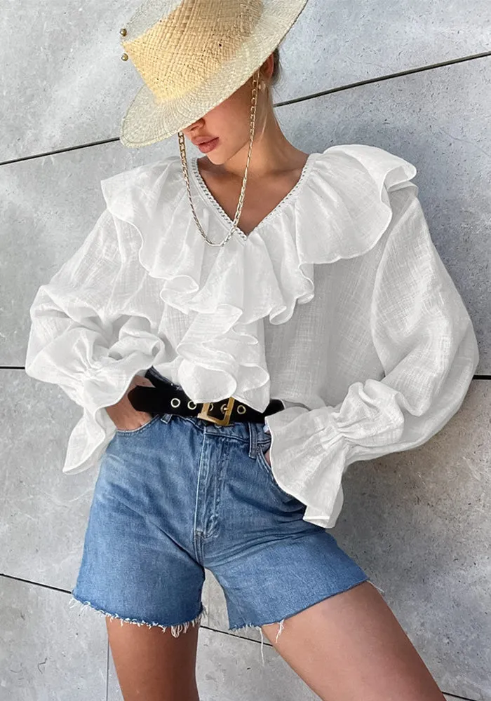 Romantic Lace Trim V-Neck Ruffled Linen Blouse