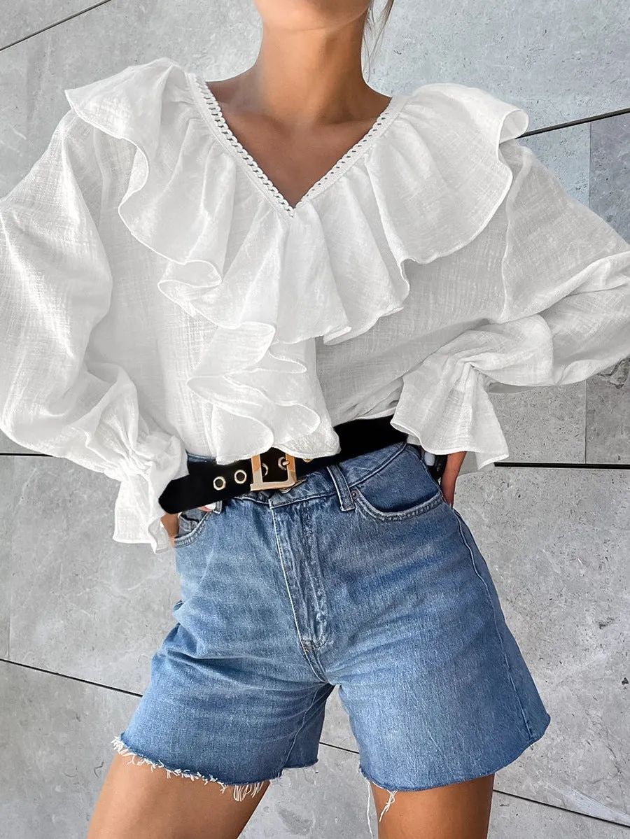 Romantic Lace Trim V-Neck Ruffled Linen Blouse