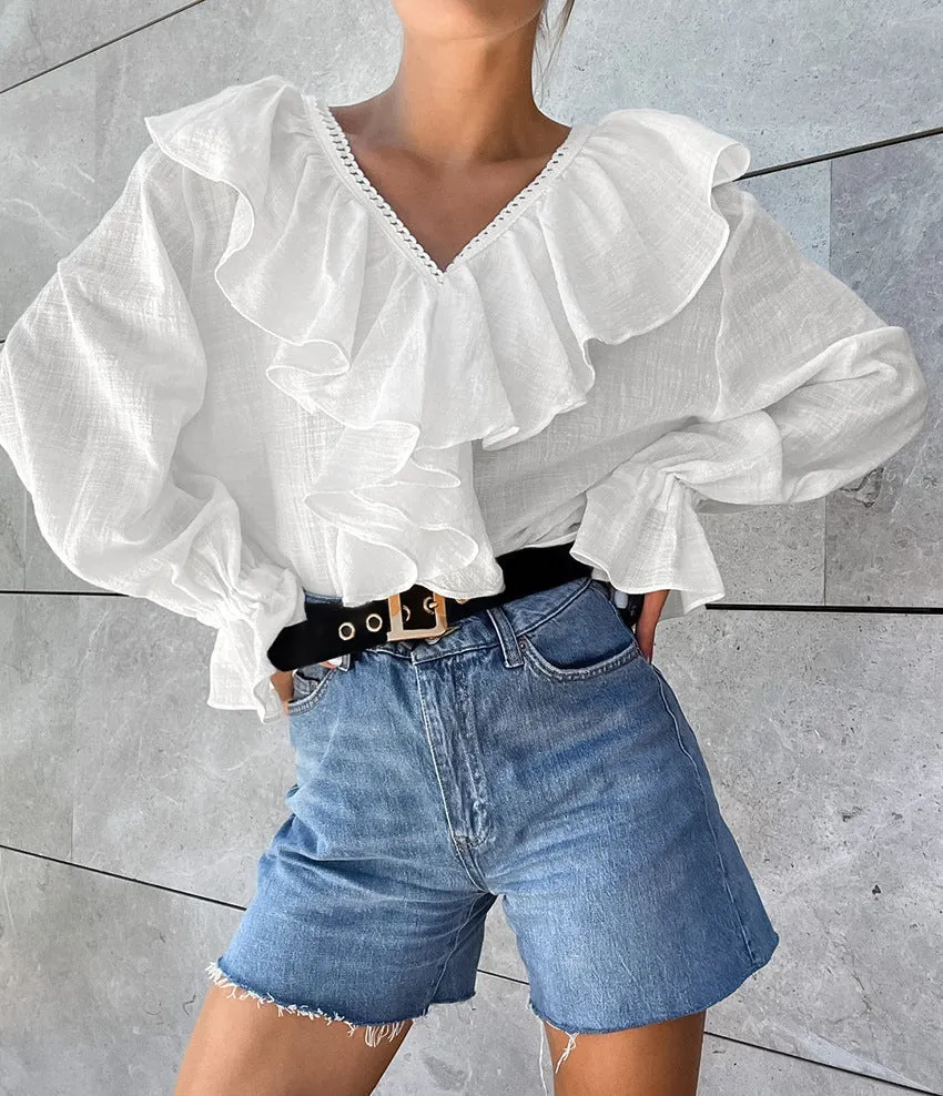 Romantic Lace Trim V-Neck Ruffled Linen Blouse