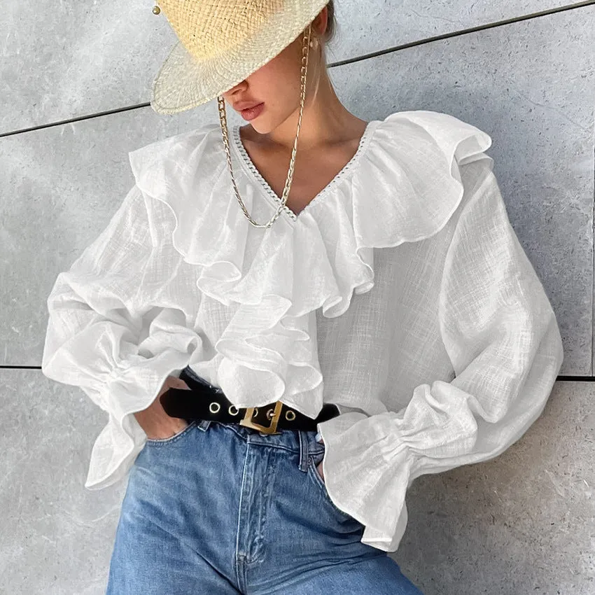 Romantic Lace Trim V-Neck Ruffled Linen Blouse