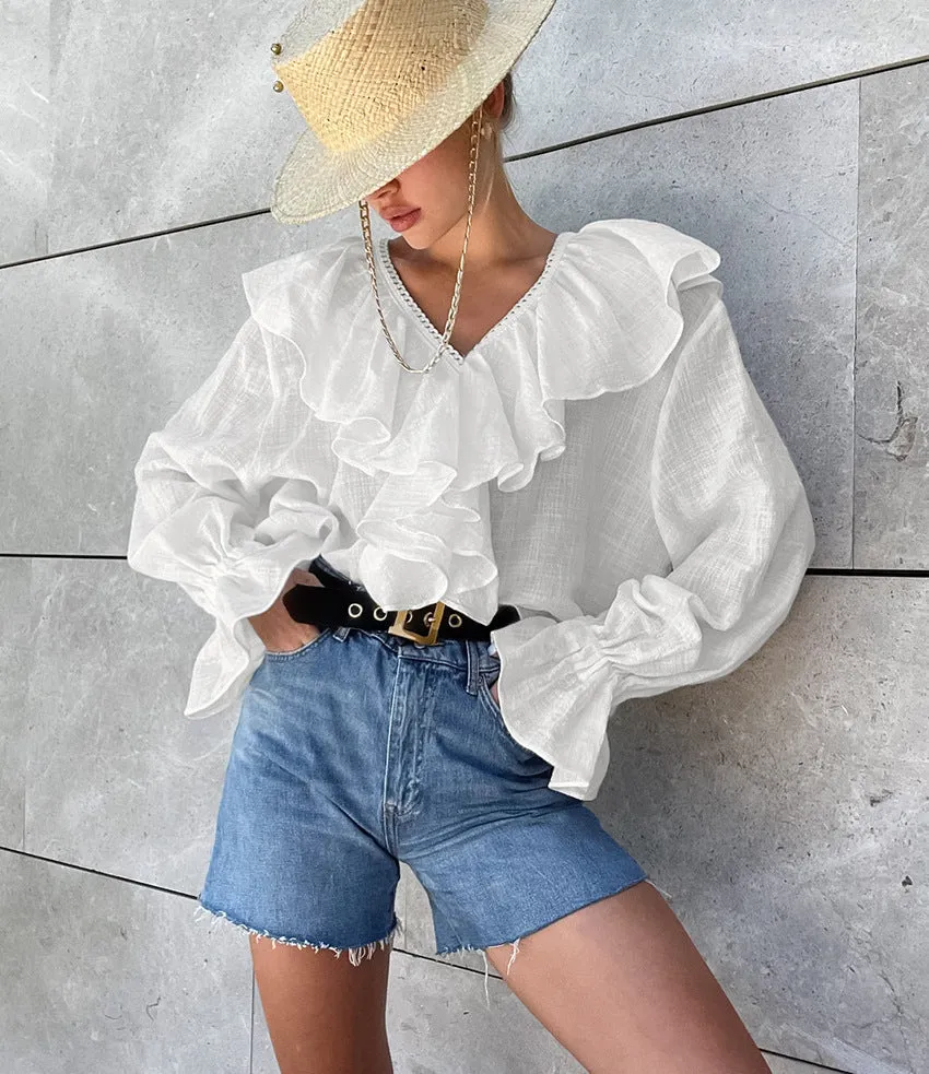 Romantic Lace Trim V-Neck Ruffled Linen Blouse