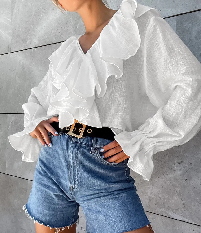 Romantic Lace Trim V-Neck Ruffled Linen Blouse