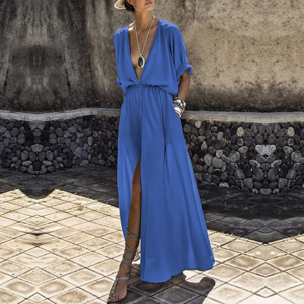 Sexy Deep V-Neck Short Sleeve Casual Loose Long Maxi Split with pockets dress