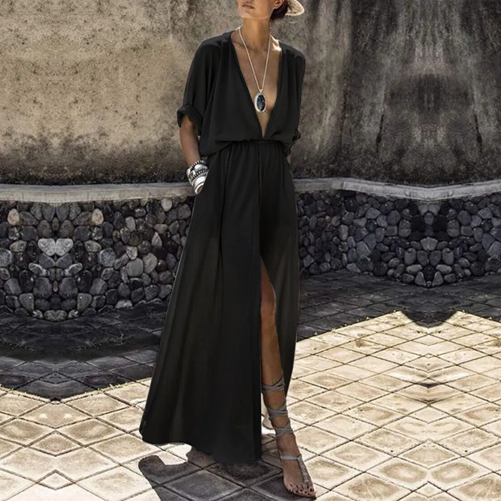 Sexy Deep V-Neck Short Sleeve Casual Loose Long Maxi Split with pockets dress