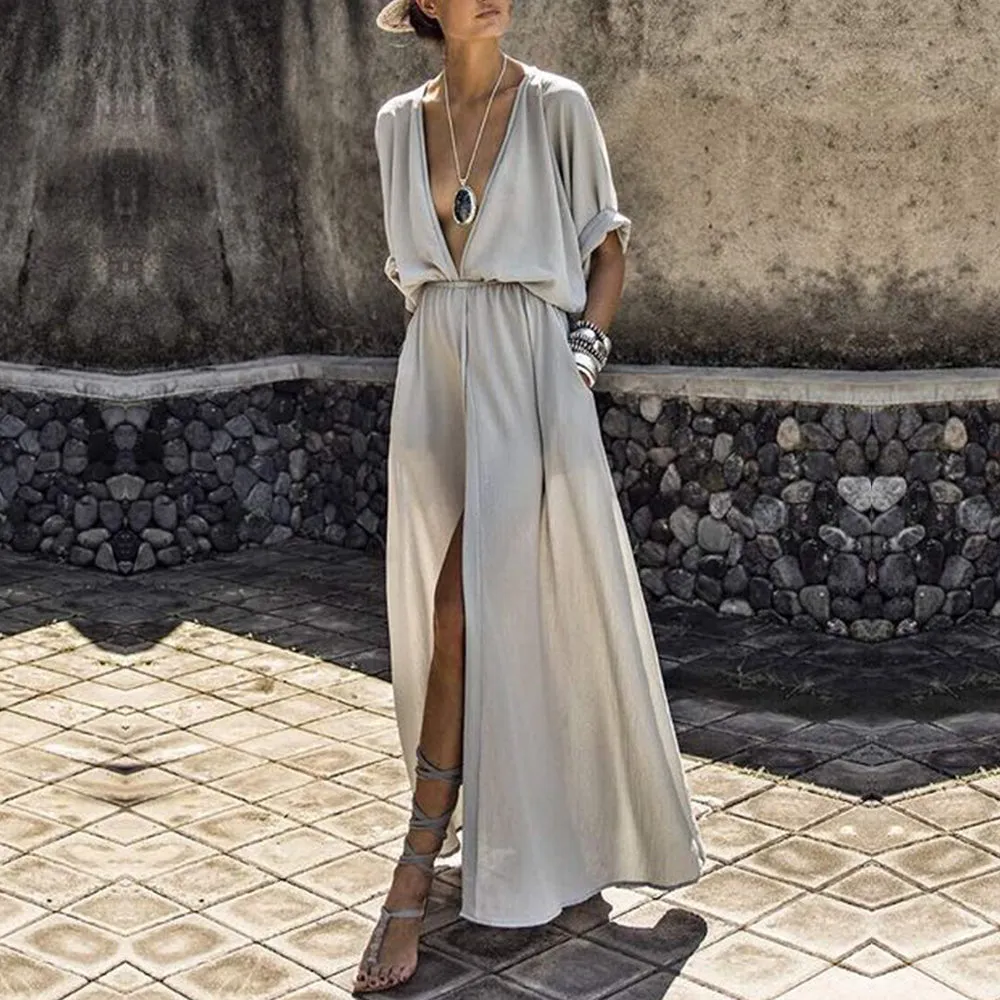 Sexy Deep V-Neck Short Sleeve Casual Loose Long Maxi Split with pockets dress