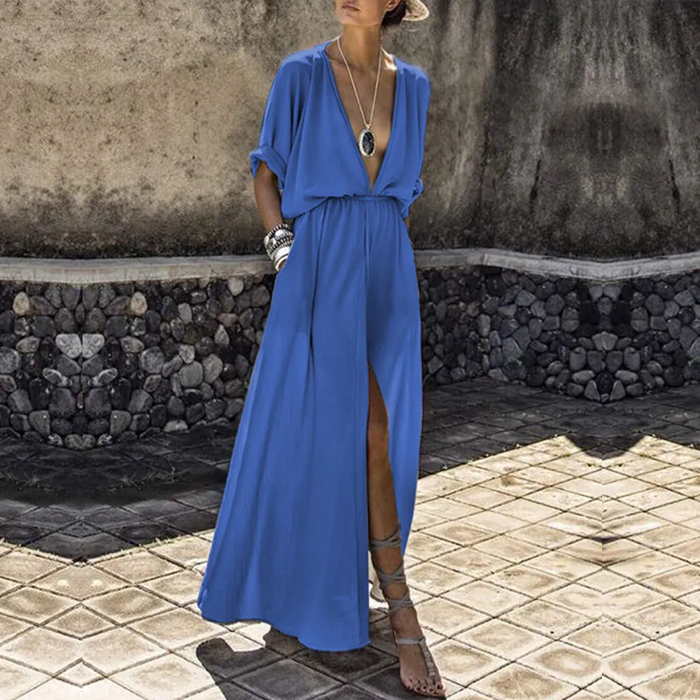 Sexy Deep V-Neck Short Sleeve Casual Loose Long Maxi Split with pockets dress