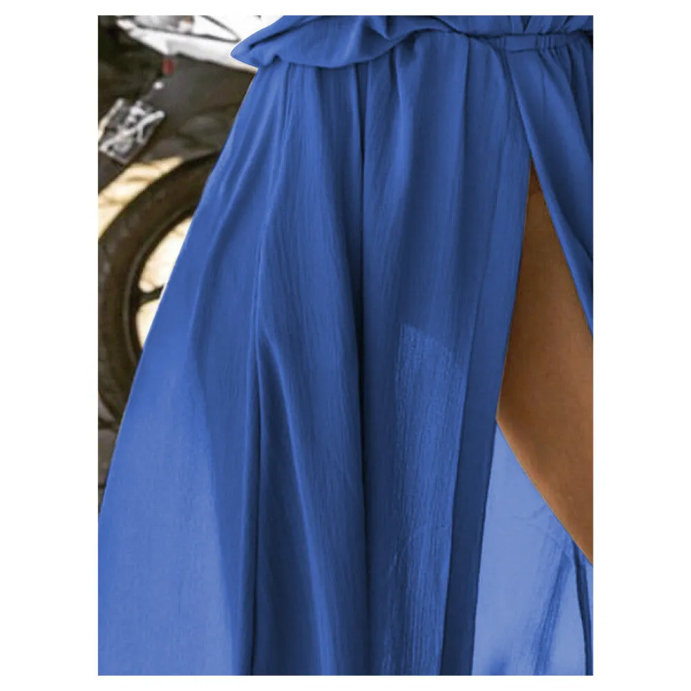 Sexy Deep V-Neck Short Sleeve Casual Loose Long Maxi Split with pockets dress