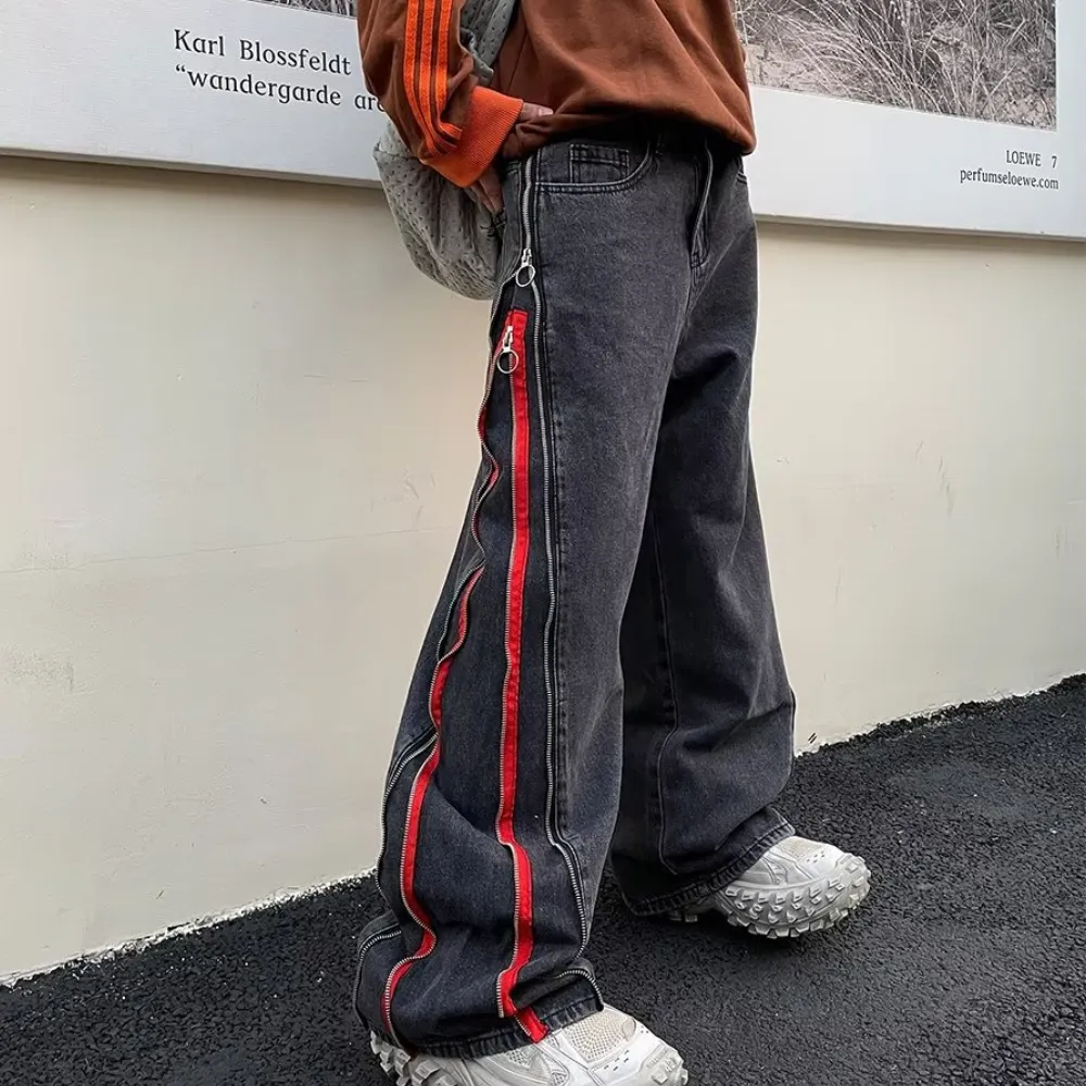 Simple Side Double Zipper Panel Jeans