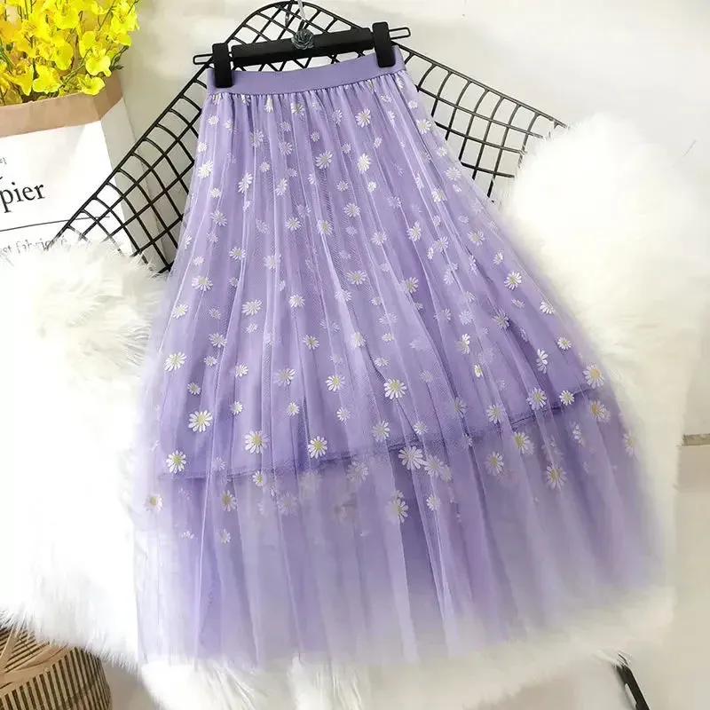 Skirts Women Tender Sweet Korean Style Printed Lady Mesh Ins Classy All-match College Elegant Popular Lovely Girls Stylish Charm