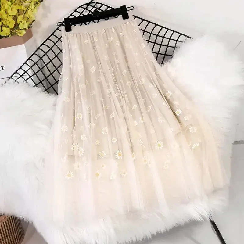 Skirts Women Tender Sweet Korean Style Printed Lady Mesh Ins Classy All-match College Elegant Popular Lovely Girls Stylish Charm