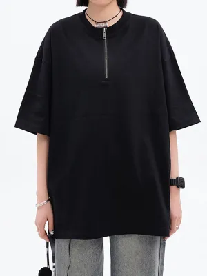 Solid Color Vintage Zipper Short Sleeve T-Shirt