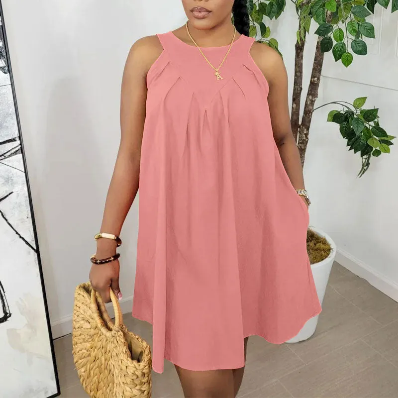 Solid Sleeveless Pocket Design Loose Mini Dress