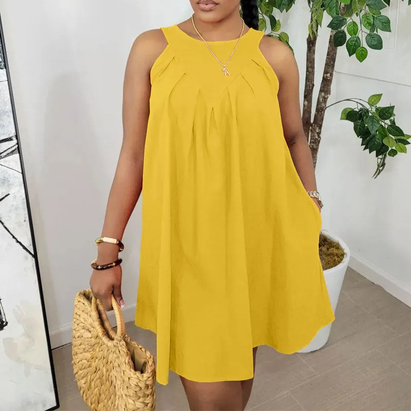 Solid Sleeveless Pocket Design Loose Mini Dress