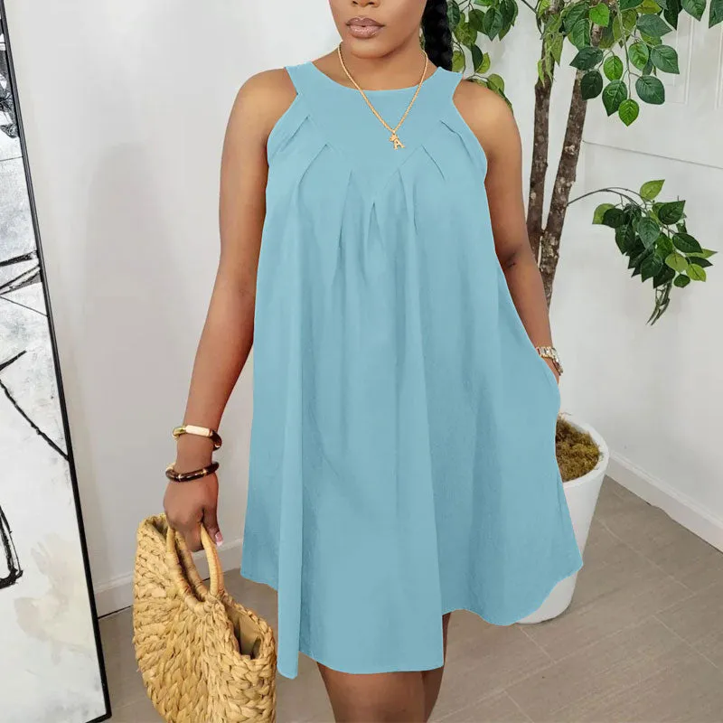 Solid Sleeveless Pocket Design Loose Mini Dress