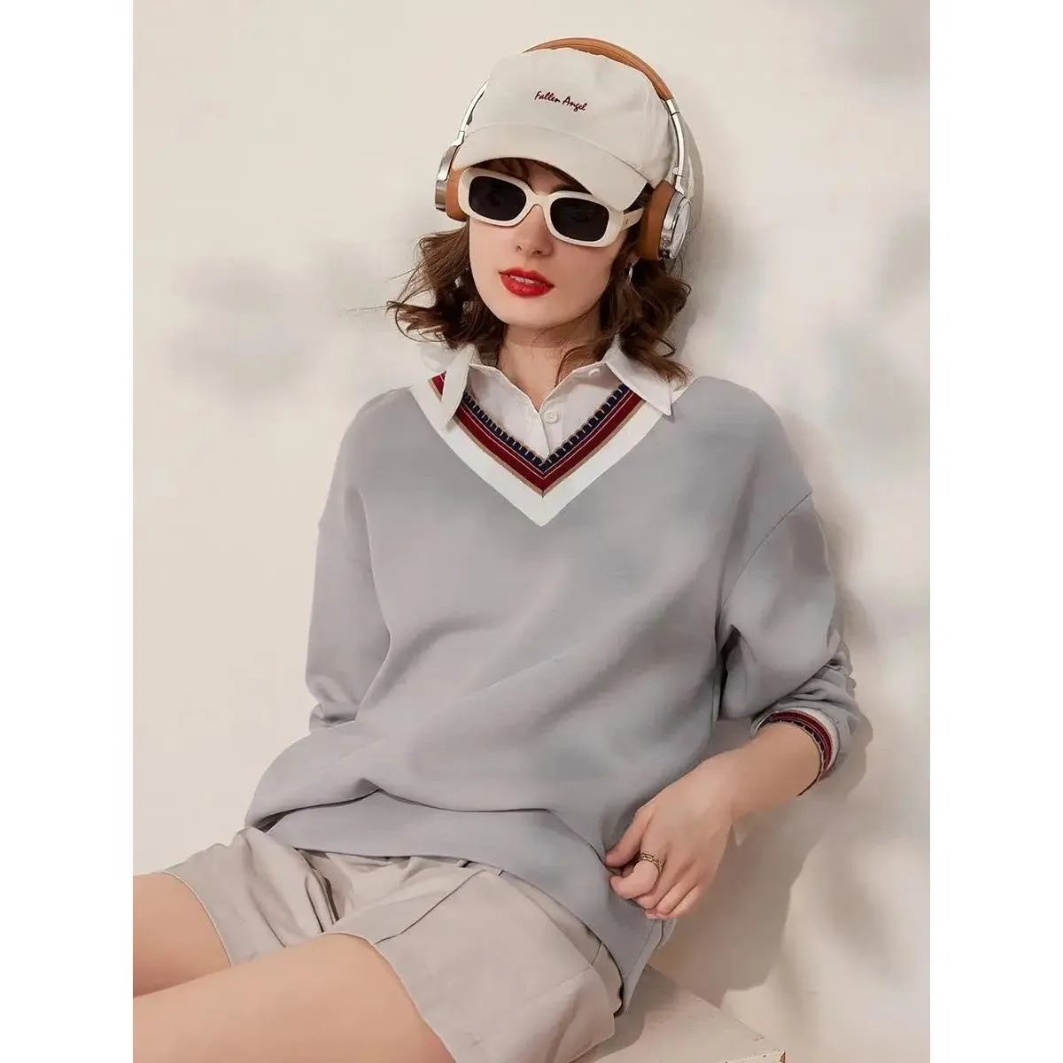 Spring Casual Loose Fit Pullover Sweatshirt with Turn Down Collar