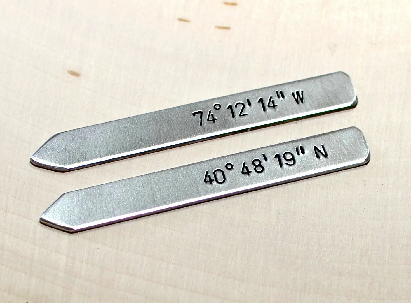 Sterling silver collar stays with personalized  latitude longitude coordinates