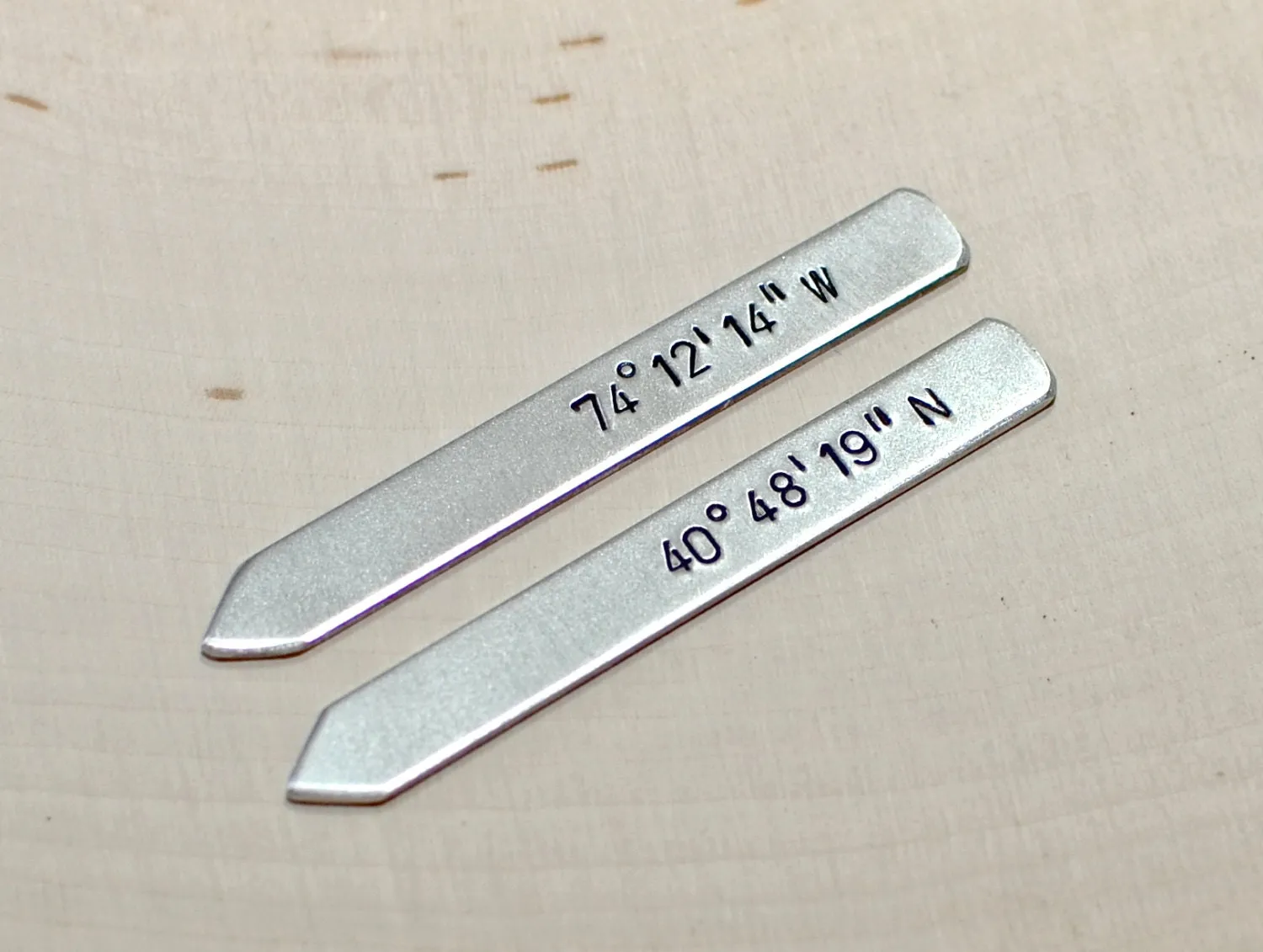 Sterling silver collar stays with personalized  latitude longitude coordinates