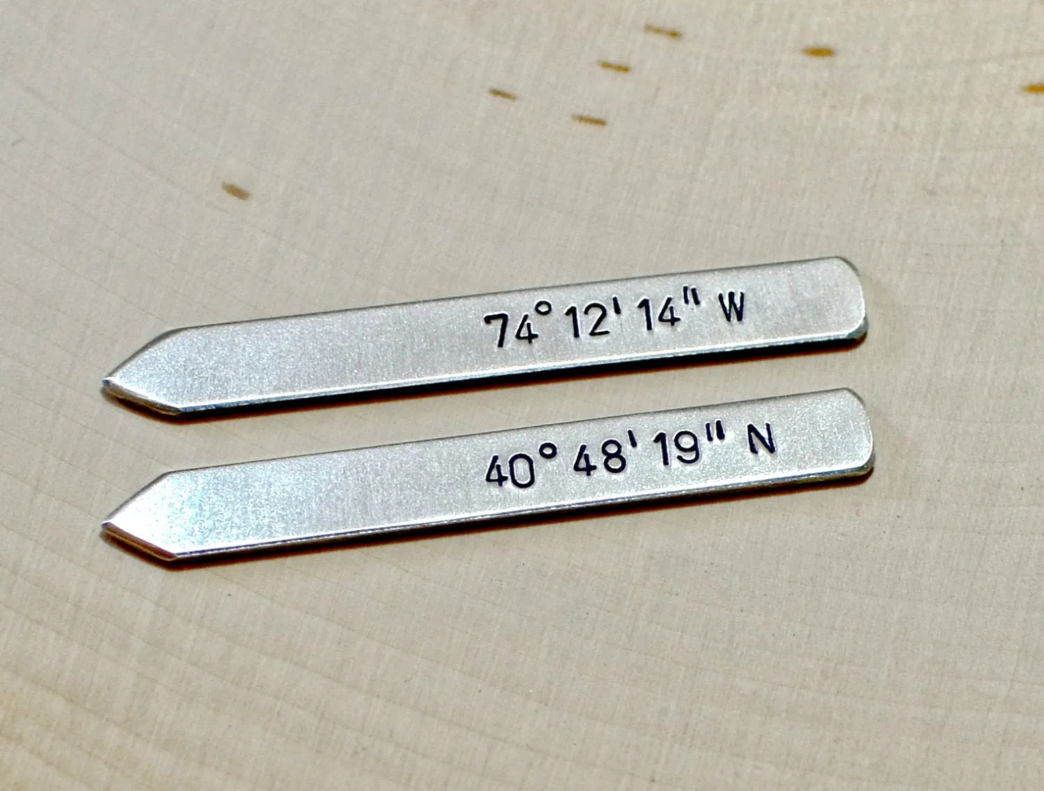 Sterling silver collar stays with personalized  latitude longitude coordinates