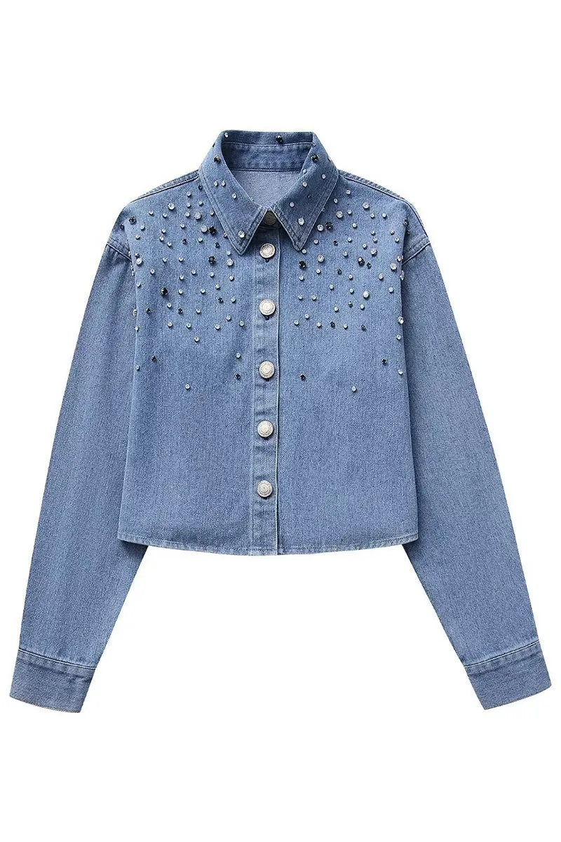 TL644 Cropped Rhinestone Denim Shirt